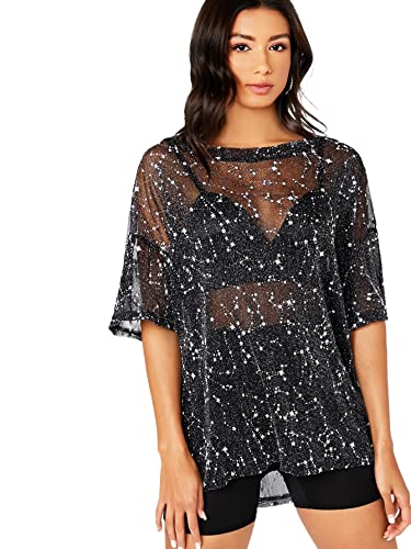 トップス werthy SHEER DRESS TEE CERYIWER Womens See Through Shirts Short Sleeve Sexy Mesh Metallic